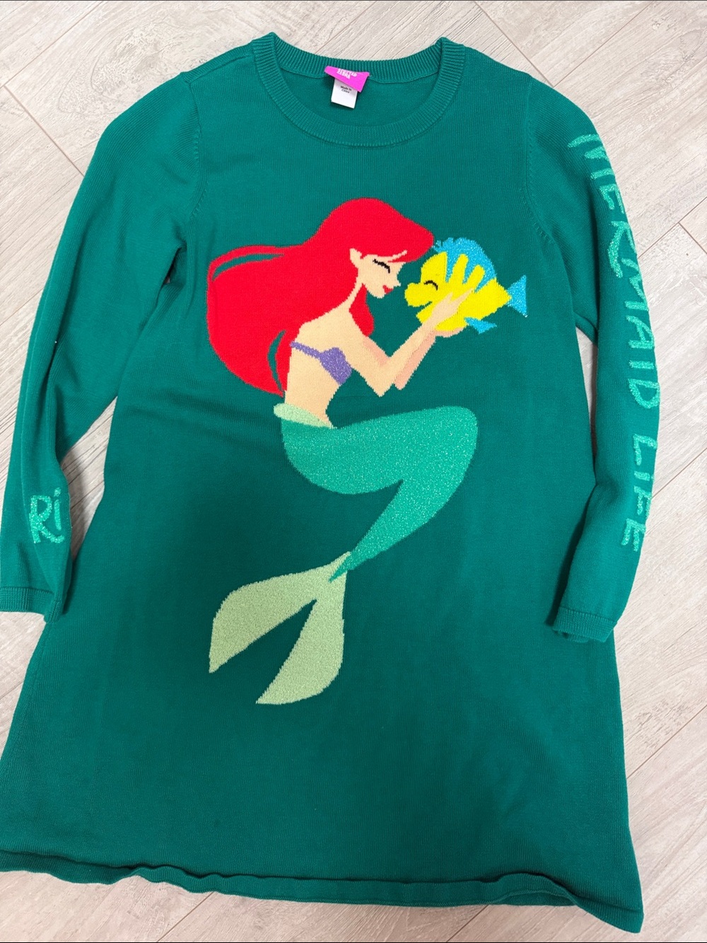 Disney Emerald Green Long Sleeve Dress Top with Red Ariel Graphic